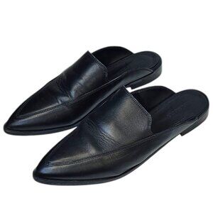 Frank & Oak Womens Black Leather Mules, Slip On, Minimalist, Size 9.5